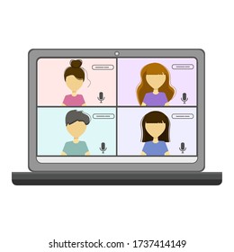  Ilustración de personas en la pantalla del ordenador hablando con colegas.Videoconferencia y reunión en línea.Permanecer y trabajar desde casa durante el aislamiento de cuarentena.