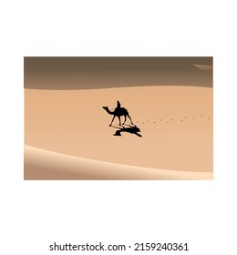 illustration of people on a journey in the desert riding a camel background vector