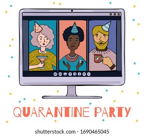 Illustration Of People At An Online Quarantine Party. Colored Characters On A White Background.