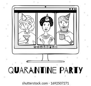 Illustration Of People At An Online Quarantine Party. Monochrome Characters On A White Background.