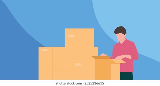 ilustração de pessoas abrindo ou embrulhando itens ao mover a casa com papelão