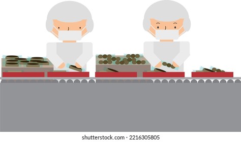 Illustration of people packing sweets