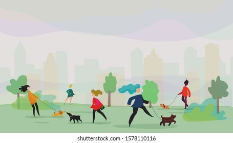 Illustration of people at the park strolling with her pets. Cartoon vector illustration for lifestyle design.