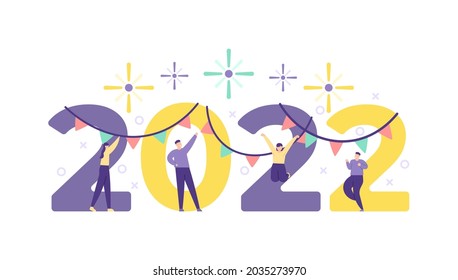 ilustración de personas de fiesta para celebrar la víspera de Año Nuevo de 2021 a 2022. feliz año nuevo 2022. actividades de la gente, decoración, baile, diversión. estilo de dibujos animados planos. diseño vectorial