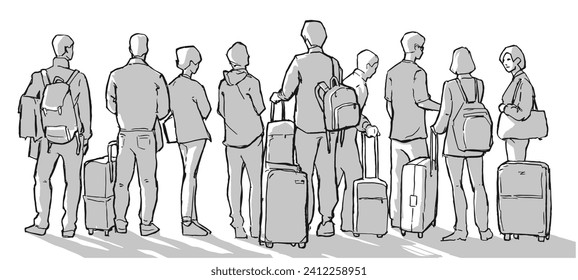 Illustration of people, passengers waiting, standing in line in black and white