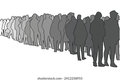 Illustration of people, passengers waiting, standing in line in black and white