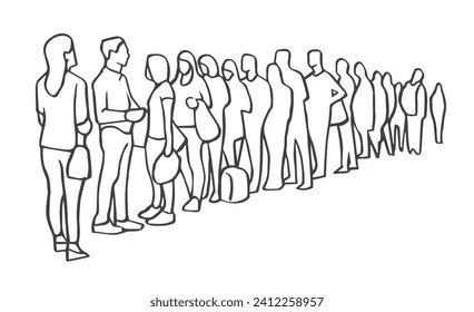 Illustration of people, passengers waiting, standing in line in black and white