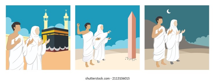 illustration of people performing Hajj and Umrah in front of the Kaaba