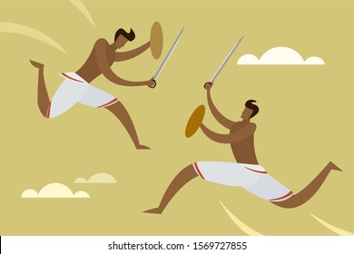 Illustration of People performing  South Indian martial art 'Kalari Payattu'