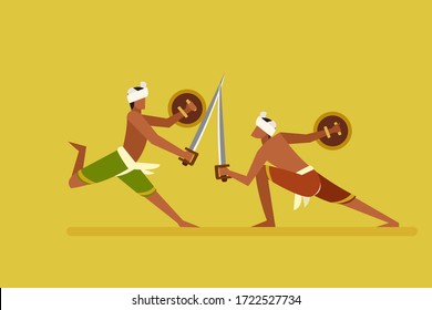 Ilustración de personas representando el arte marcial del sur de India 'Kalaripayattu'