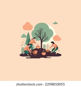 An illustration of people are planting trees,  save the earth from pollution. international forest day. modern flat color