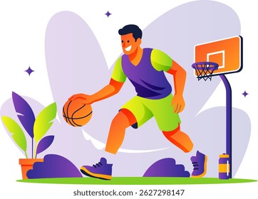 Illustration of people playing basketball with a colorful flat design concept taking the theme of sports