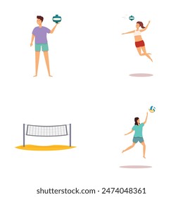 Illustration of people playing beach volleyball, jumping in excitement, and weightlifting outdoors