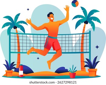 Illustration of people playing beach volleyball with a colorful flat design concept that takes a sports theme