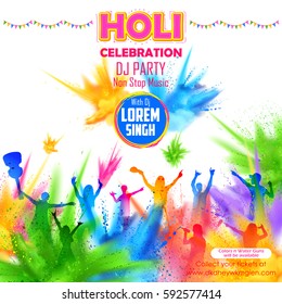 illustration of People playing with color in DJ party banner for Holi celebration