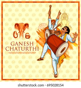 illustration of people playing dhol tasha in Lord Ganpati background for Ganesh Chaturthi festival of India