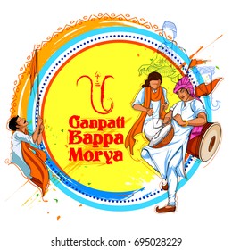 illustration of people playing dhol tasha in Lord Ganpati background for Ganesh Chaturthi festival of India
