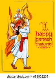 illustration of people playing dhol tasha in Lord Ganpati background for Ganesh Chaturthi festival of India