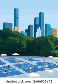 Illustration of people playing pickleball on multiple blue courts in an urban park with skyscrapers in the background