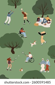 Illustration of a people playing, walking dogs, and relaxing in a green park. A lively outdoor scene with diverse activities, trees, and nature. Flat vector illustration.