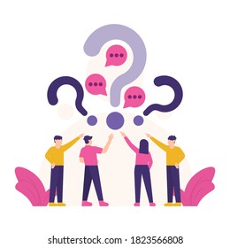 illustration of people pointing at a question mark and chat or message symbol. the concept of Frequently asked questions or FAQs. help center or customer support. flat style. design element