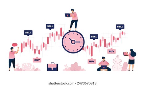 Illustration von Menschen, die die beste Zeit vorhersagen, um auf dem Aktienmarkt mit Zeitmanagement zu kaufen oder zu verkaufen. Kann für Broschüren, mobile Startups, Anzeigen, Flyer verwendet werden