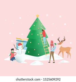 illustration of  people preparing for christmas. Man woman reindeer decorating christmas tree.