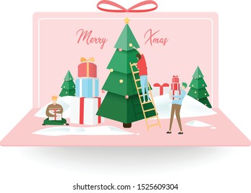 illustration of  people preparing for christmas. Man woman reindeer decorating christmas tree.