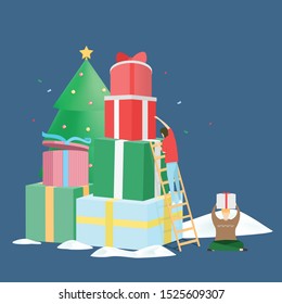 illustration of  people preparing for christmas. Man woman reindeer decorating christmas tree.