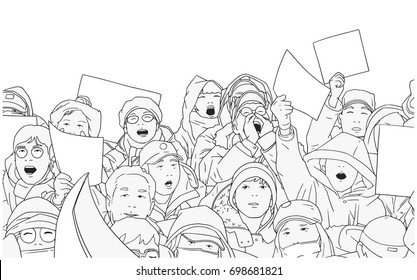 Illustration of people protesting with blank signs and banners