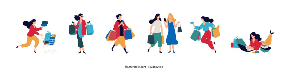 Illustration of people with purchases. Vector. Men and women who bought goods. Discounts and sales in retail networks. Flat cartoon style. Black Friday. Shopping on the Internet. Order and delivery.