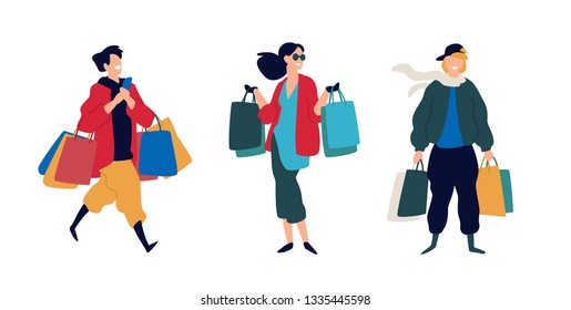 Illustration of people with purchases. Vector. Men and women who bought goods. Discounts and sales in retail networks. Flat cartoon style. Black Friday. Shopping on the Internet. Order and delivery.