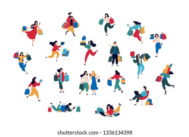 Illustration of people with purchases. Vector. Men and women bought things. Discounts and sales in retail networks. Flat cartoon style. Black Friday. Consumers. Order and delivery.