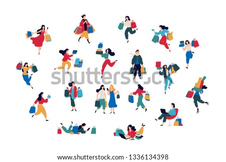 Illustration of people with purchases. Vector. Men and women bought things. Discounts and sales in retail networks. Flat cartoon style. Black Friday. Consumers. Order and delivery.