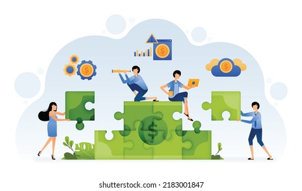 Illustration of people put together money puzzles to metaphorically solve financial problems by saving and investing. Design can be for landing page website poster banner mobile apps web social media