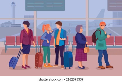 Illustration Of People In A Queue At The Airport, People Standing In A Line And A Plane Stands Behind Them, A Plane Throw The Window Of The Airport's Hall, A Couple And Business Woman, A Man