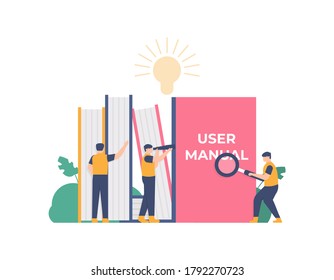 illustration people read the user manuals or handbooks and bring a magnifying glass. user manual information. concept guides and instructions. flat design. can be used for element landing page