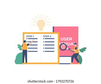 illustration people read the user manuals or handbooks and bring a magnifying glass. user manual information. concept guides and instructions. flat design. can be used for element landing page