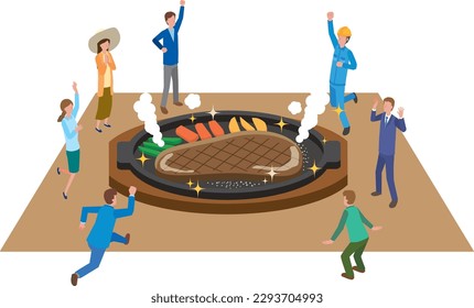 Illustration of people rejoicing with steak
