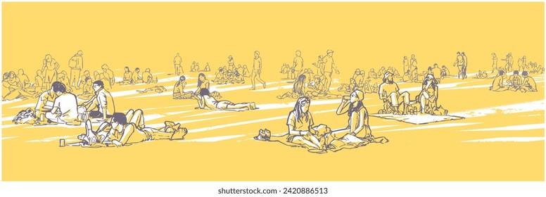 Illustration of people relaxing, sunbathing, having picnic in warm weather