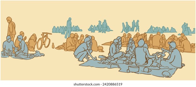 Illustration of people relaxing, sunbathing, having picnic in warm weather