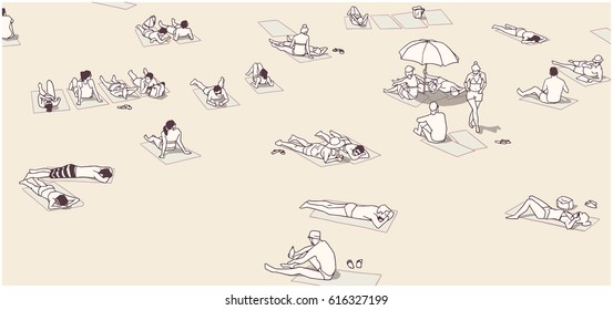 Illustration of people relaxing and sunbathing on sand