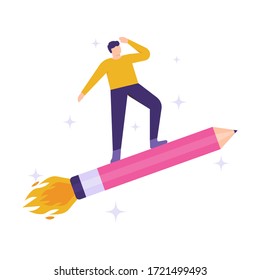 illustration of people riding a pencil rocket. the concept of creative and innovative employees, achieving goals, moving forward never to retreat. flat design. can be used for elements, landing pages