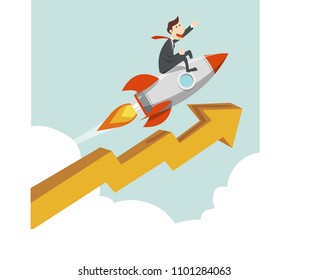 illustration of People are riding a rocket and graph higher business, finance, arrow, graph, paper art
