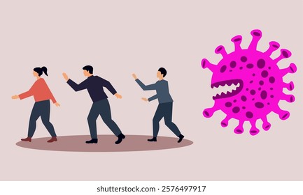 Illustration of people running away from a giant pink virus with sharp teeth, symbolizing fear and pandemic impact. Perfect for health, awareness, and medical concepts