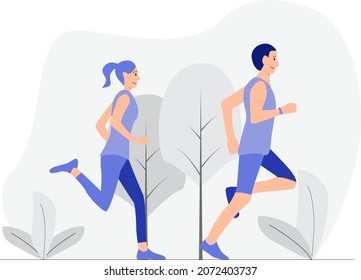 Illustration of people running early in the morning in the forest or in the park in tracksuits