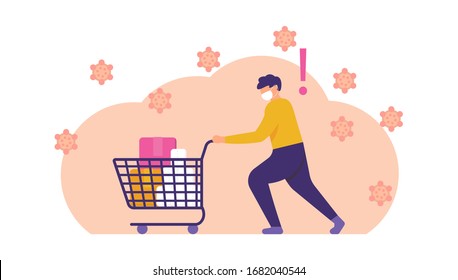 illustration people are running while pushing a shopping cart and buy up all the goods in the supermarket, in a hurry for fear of being affected by the corona virus or covid-19. concept panic buying. 