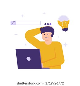 illustration of people searching for information or browsing using a laptop. the concept of finding ideas and references, running out of ideas. flat design. can be used for elements, landing pages