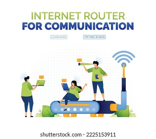 illustration of people sending email to communicate with wifi internet access on a router service network. cheap and easy internet access service for everyone. can use for ad, poster, campaign, apps