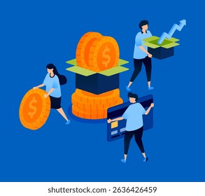Illustration of people sharing charity from investment profits in the financial system, ideal for banking, websites, charity campaigns, and finance apps.
